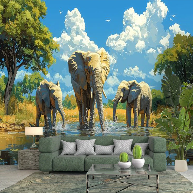1PC African Savanna Elephant Group Print Backdrop Banner, Bedroom Living Room Photo Background, Polyester, Home Decor, Wall Art