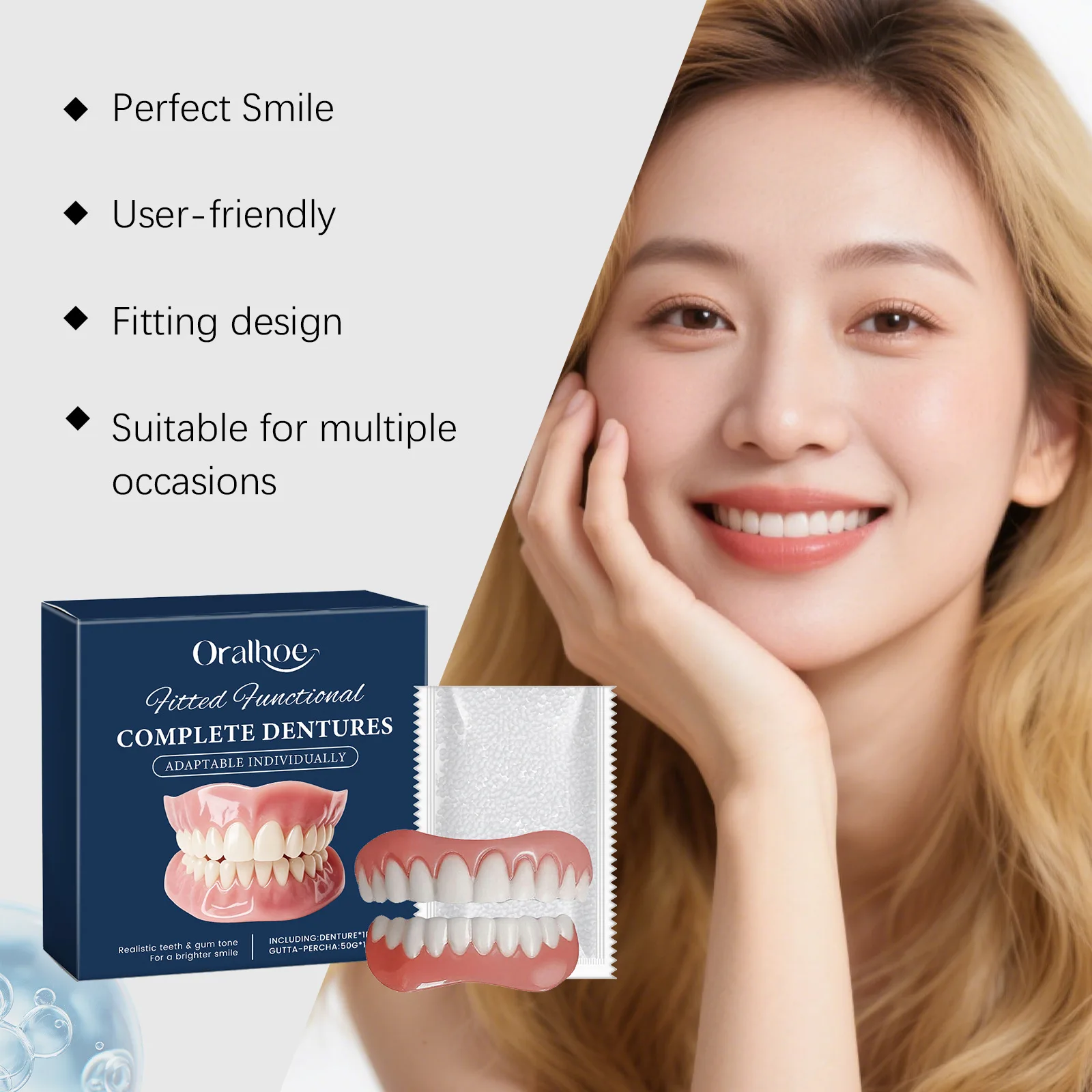 Oralhoe Adjustable Dentures Kit Natural Veneers Smile Reusable Customizable Fit False Teeth Upper Lower Jaw Functional Dentures