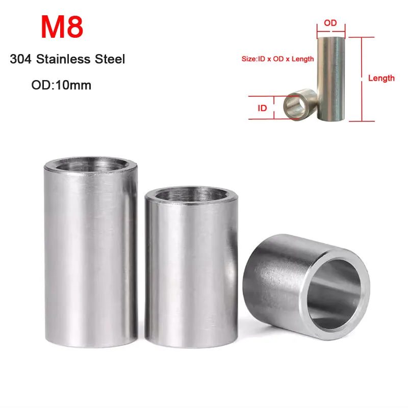 

M8 OD 10mm 304 Stainless Steel Bushing Washer Gasket Steel Inner Guide Bush Unthreaded Round Hollow Standoff Spacer Sleeve