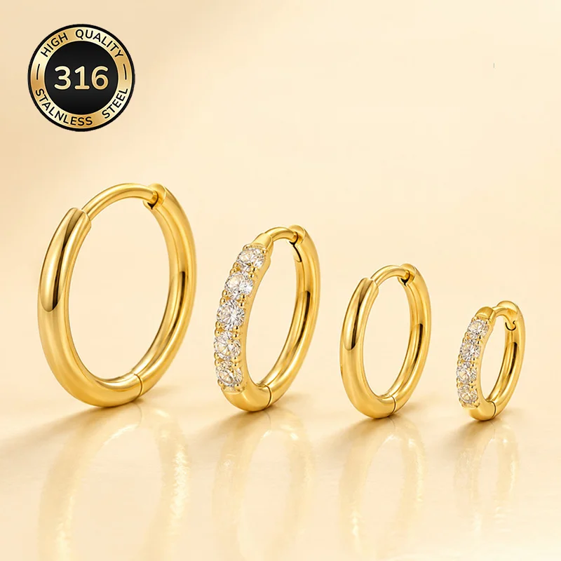 316 Stainless Steel Huggie Hoop Earrings Set Women 4Pcs CZ 8 10 12 14mm Cartilage HelixGold Silver Fashion Jewelry Birthday Gift