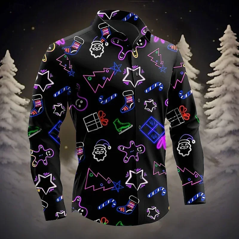 قميص رجالي لعيد الميلاد شجرة سانتا كلوز الزنجبيل رجل طوق قميص بأكمام طويلة عادية حفلة عطلة الخريف والشتاء قميص