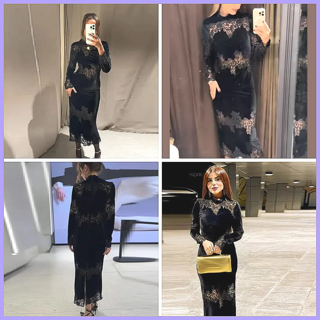 Elegant Black Lace Patchwork Velvet Midi Dress Long Sleeve See-Through Evening Party Gown