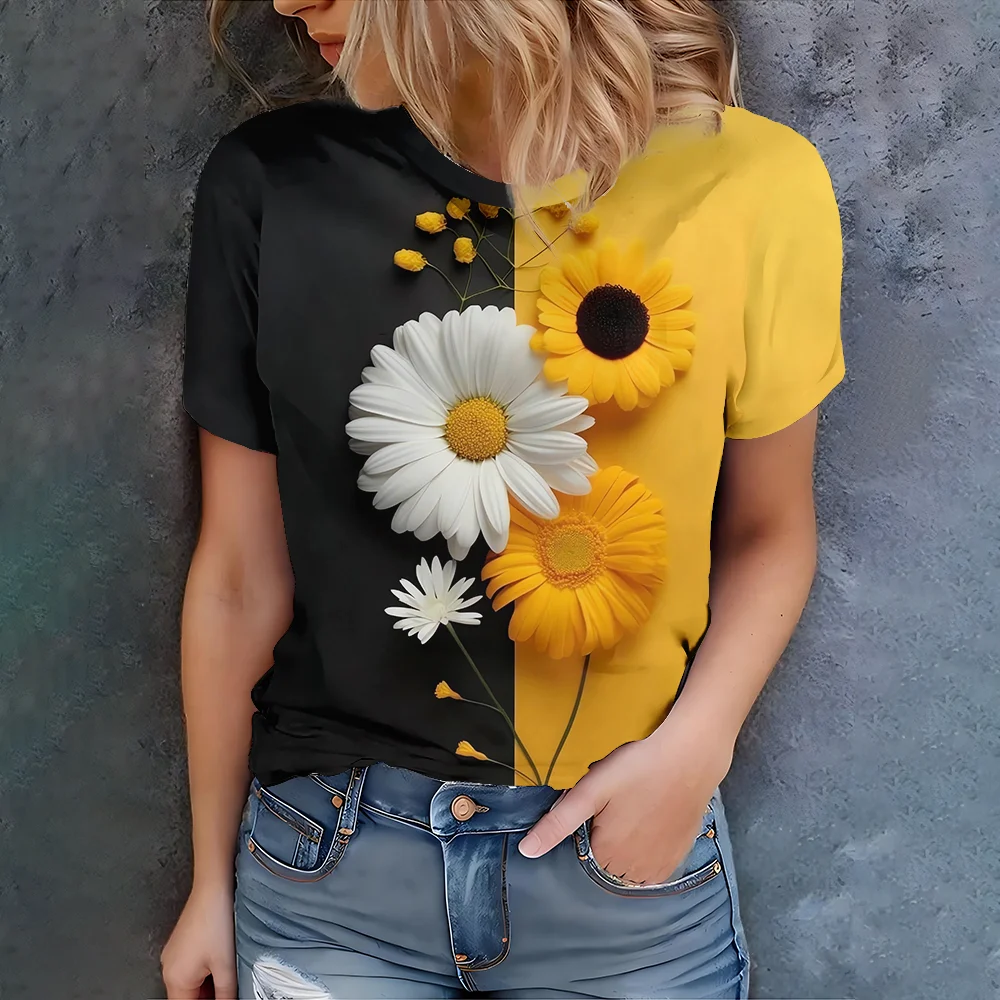 

Women's Black Yellow 3D Sunflower Daisy Print T-Shirt - Natural Artistic Casual Summer Style Short Sleeve