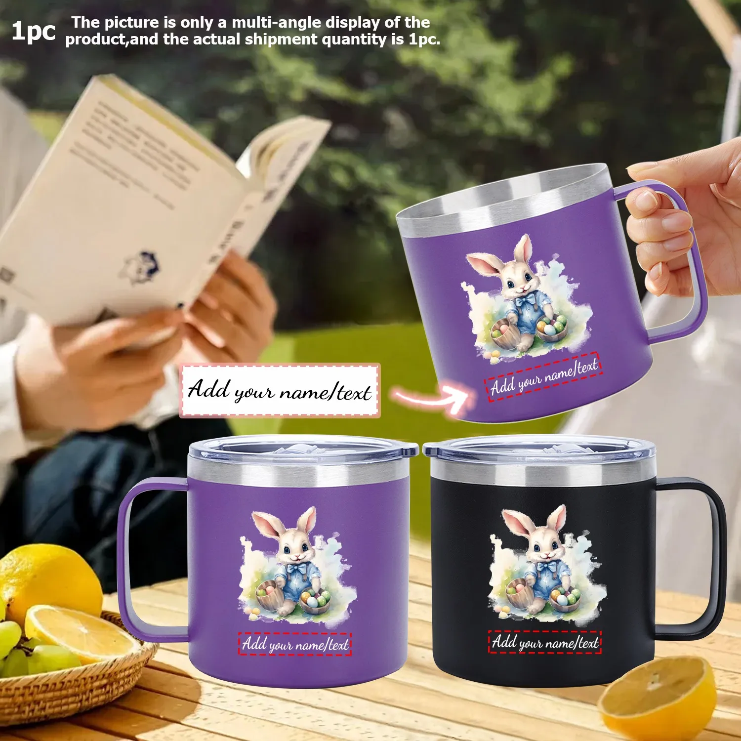 

Чашки для воды из пищевой нержавеющей стали с индивидуальным именем, 14 унций, с крышкой и ручкой, пасхальные элементы, практичные чашки для домашнего офиса