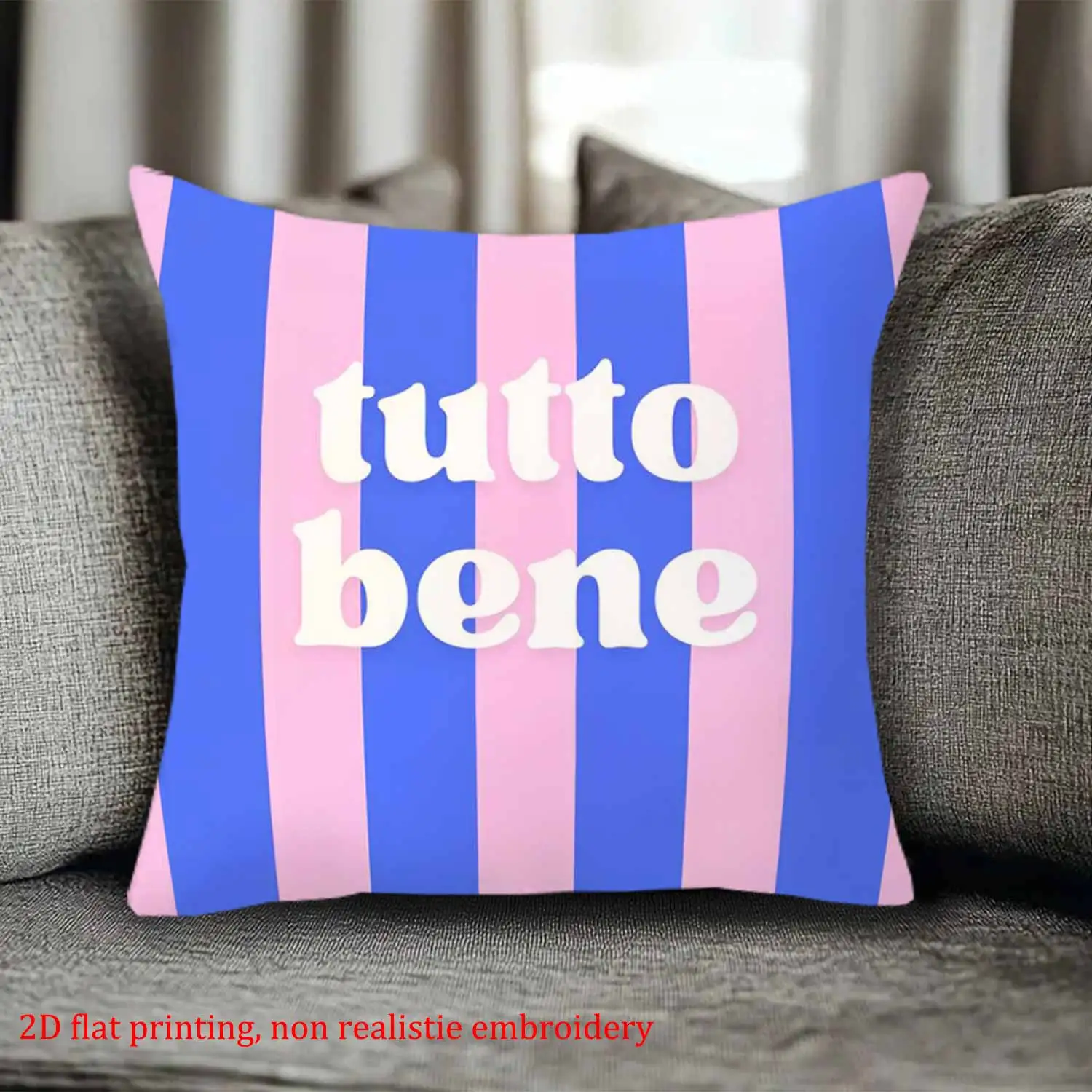 Customize 1pc Italian Style Tutto Bene Pillowcase, Pink and Blue Striped Pillowcase with Italian Text Label, Embellished with Pi