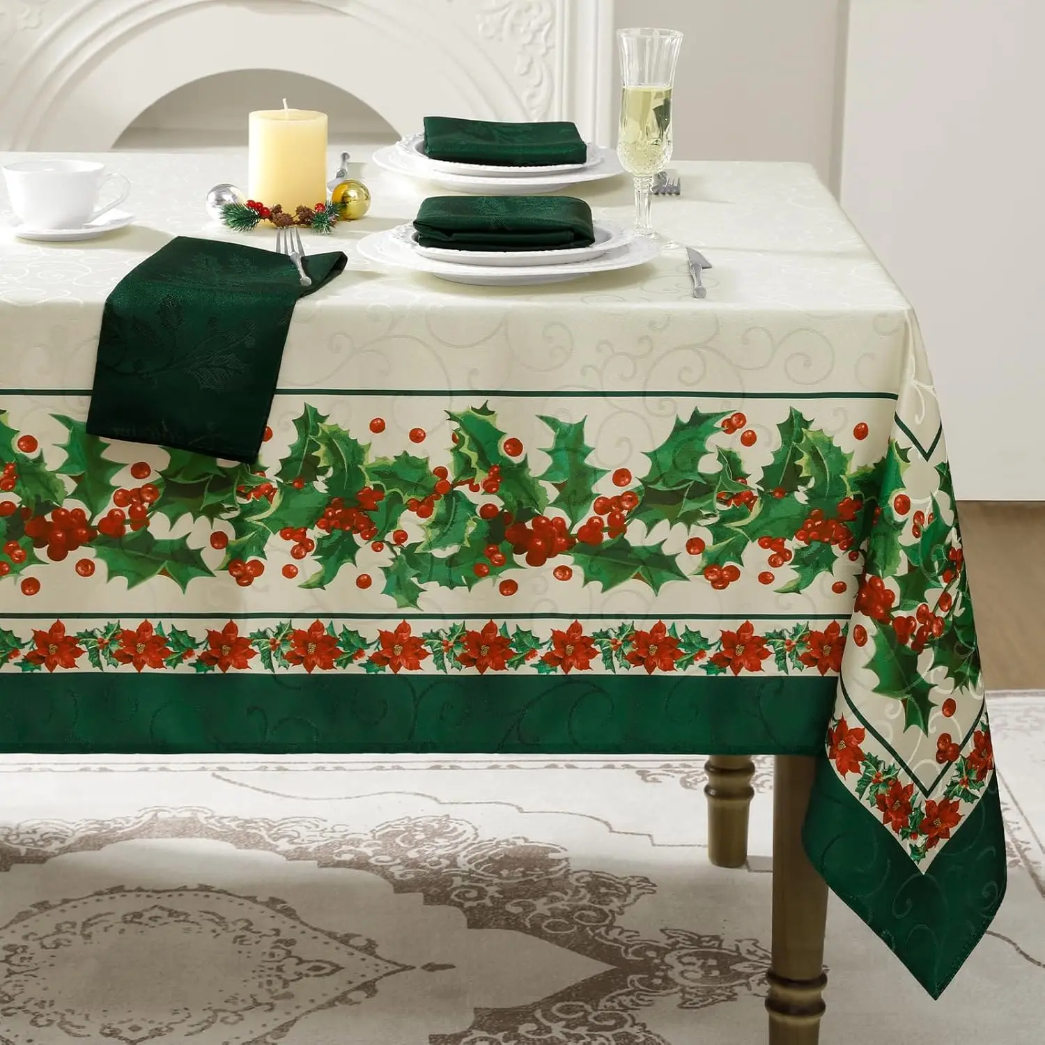 Merry Christmas Holly Berries Print Tablecloth for Table Decor Winter Kitchen Dining Polyester Table Cloth Christmas Decorations