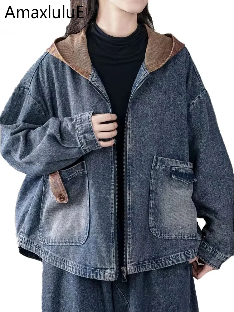 

Amax luluE осенняя корейская модная одежда женские джинсовые куртки с капюшоном свободные винтажные пальто женская классическая роскошная верхняя одежда для отдыха