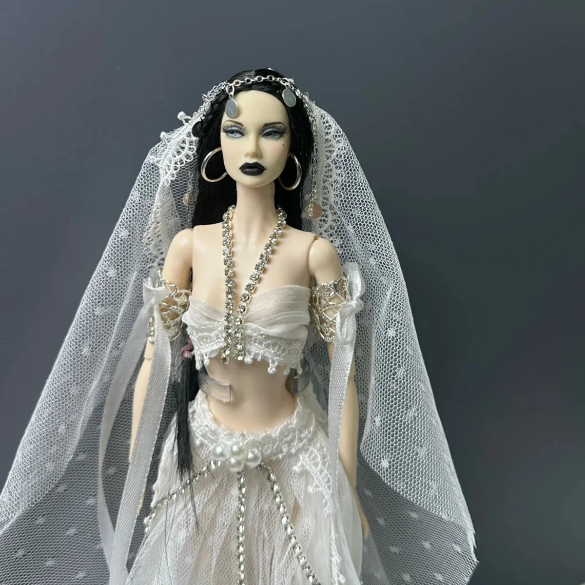 1/6 Doll Clothes Parts Lace Crop Top+High Slit Tulle Skirt+Mesh Veil+Jewelry Set For FR/Babi Supermodel Doll Cosplay Dress Up