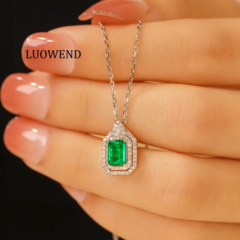 LUOWEND 100% 18K White Gold Necklace Luxury Design Natural Diamond Natural Emerald Necklace&Earrings for Women High Jewelry Set