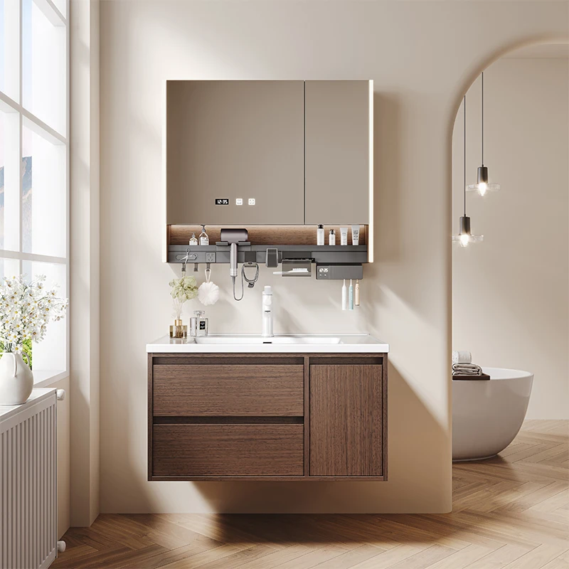 Mirrored Cabinet,Vintage Multifunction Bathroom Vanity Plywood With Toothbrush Holder Hair Dryer Rack Outlet Mirror Cabinet