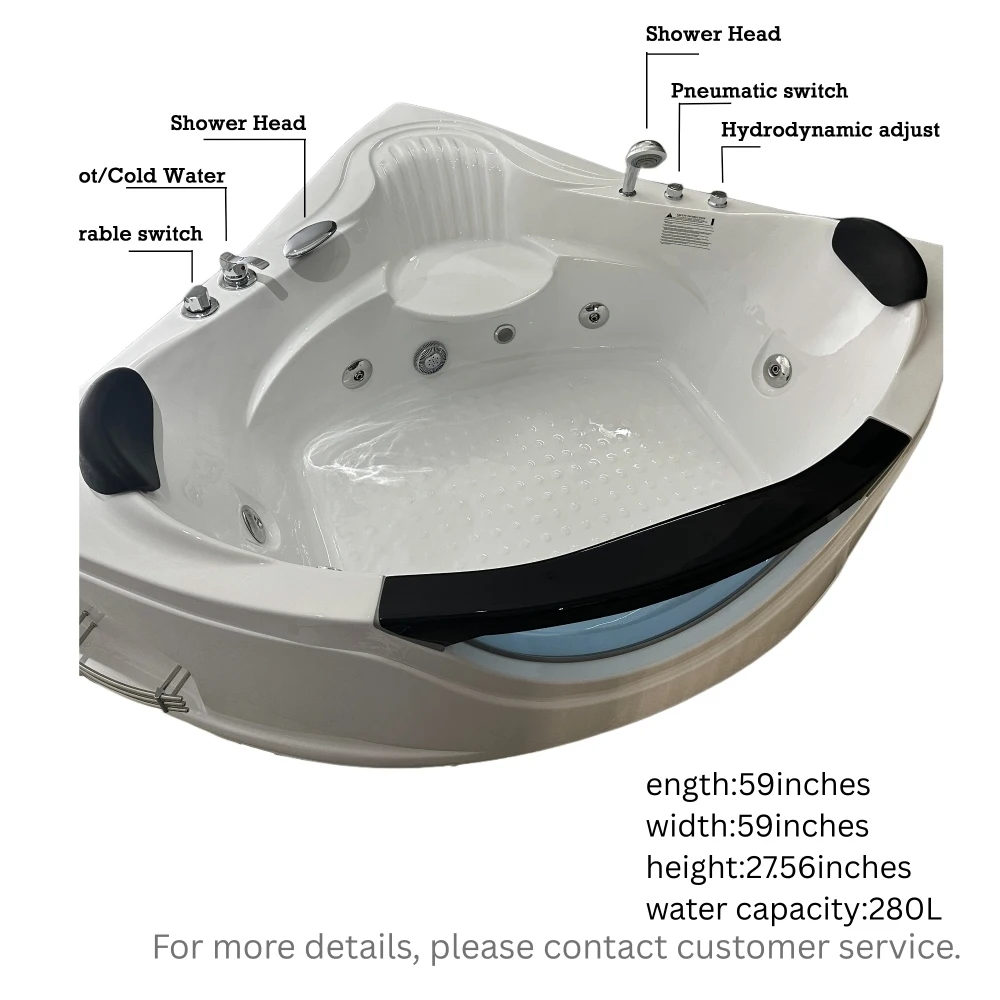 

59" Corner Whirlpool Bathtub for 2-Person,Luxury Jetted Spa Tub with 6 Hydro Massage Jets, LED Lights &Pneumatic adjust system