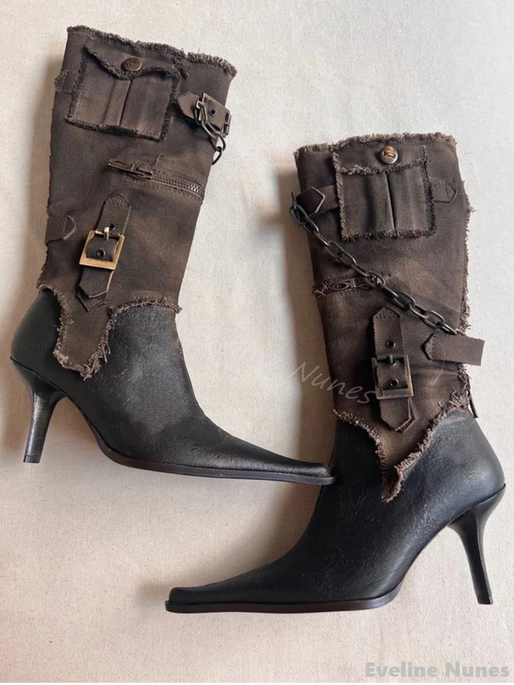 

Removable Cowboy Boots Women Retro Pointed Toe Metal Belt Buckle Knee High Boots 2024 Fashion Western Boots for Parties Catwalk