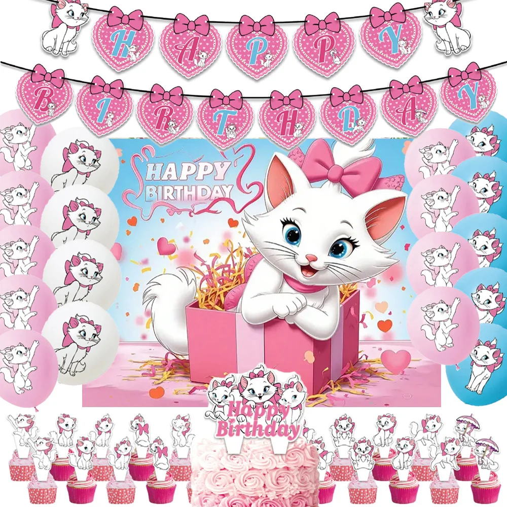 

Disney Cute Marie Cat Theme Balloons Girl Birthday Party Decorations Princess Pink Backdrop Cake Topper Baby Gifts Heart Banner