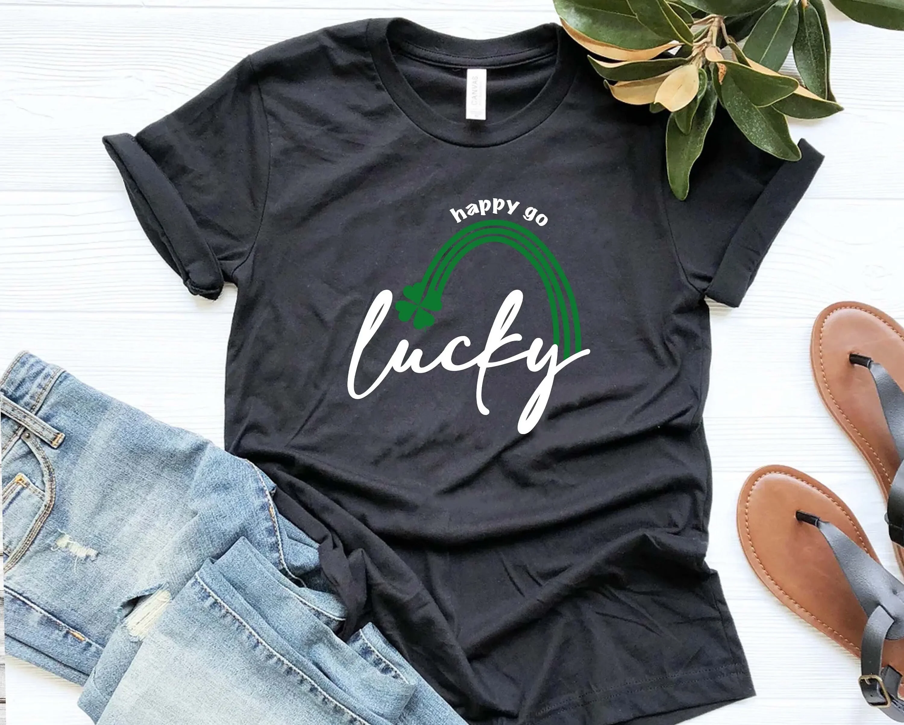 Happy Go Lucky T Shirt St Patricks Day Shamrock Woman Patty s Rainbow