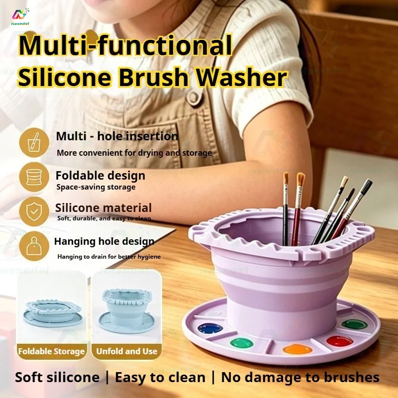 Foldable Silicone Paint Brush Washer Bucket 3 in 1 Built-in Palette Anti-Tip Base Multi-Hole for Watercolor Gouache Makeup Brush