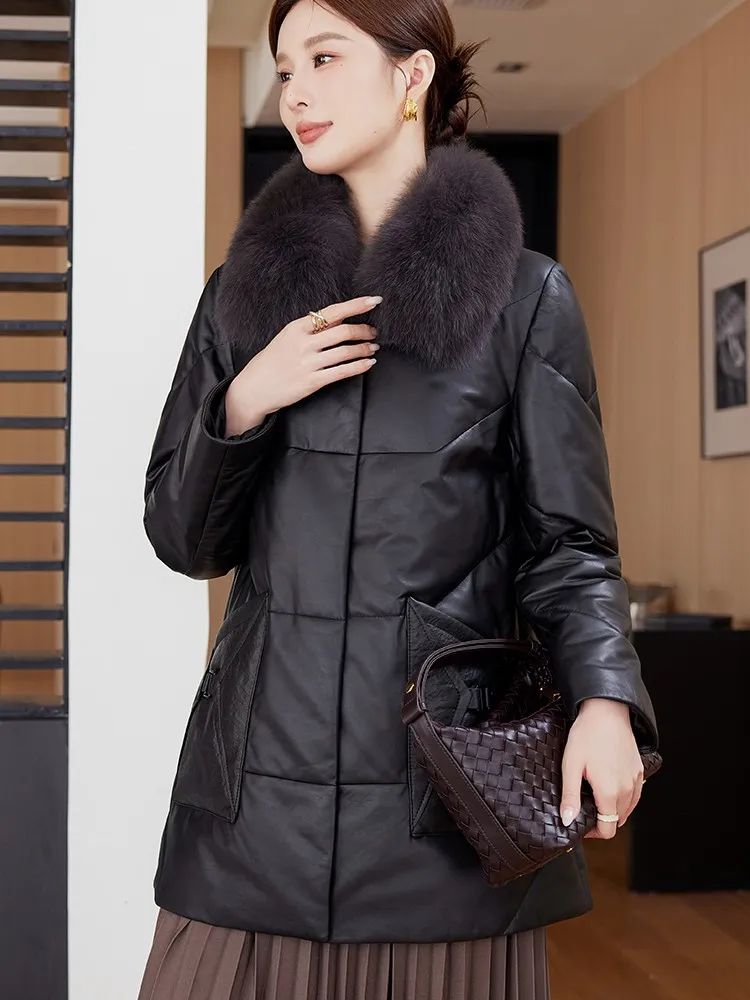 冬カジュアルレディース本革ダウンコートフォックスファーターンダウンカラーシープスキンコート厚く暖かいジッパー女性ジャケットアウター