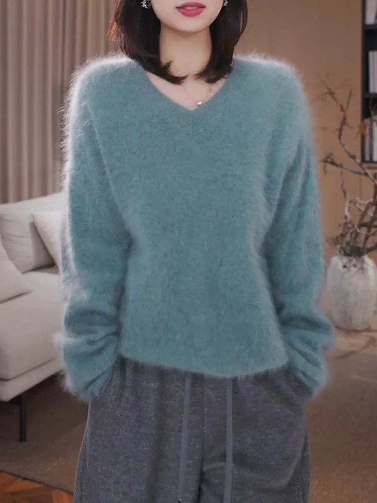 

Blue Plu Knitwear Loose Women's Faion plus Size Sweater Comfortable Korean Sle V-Ne Long Sve Warm Woolen Top