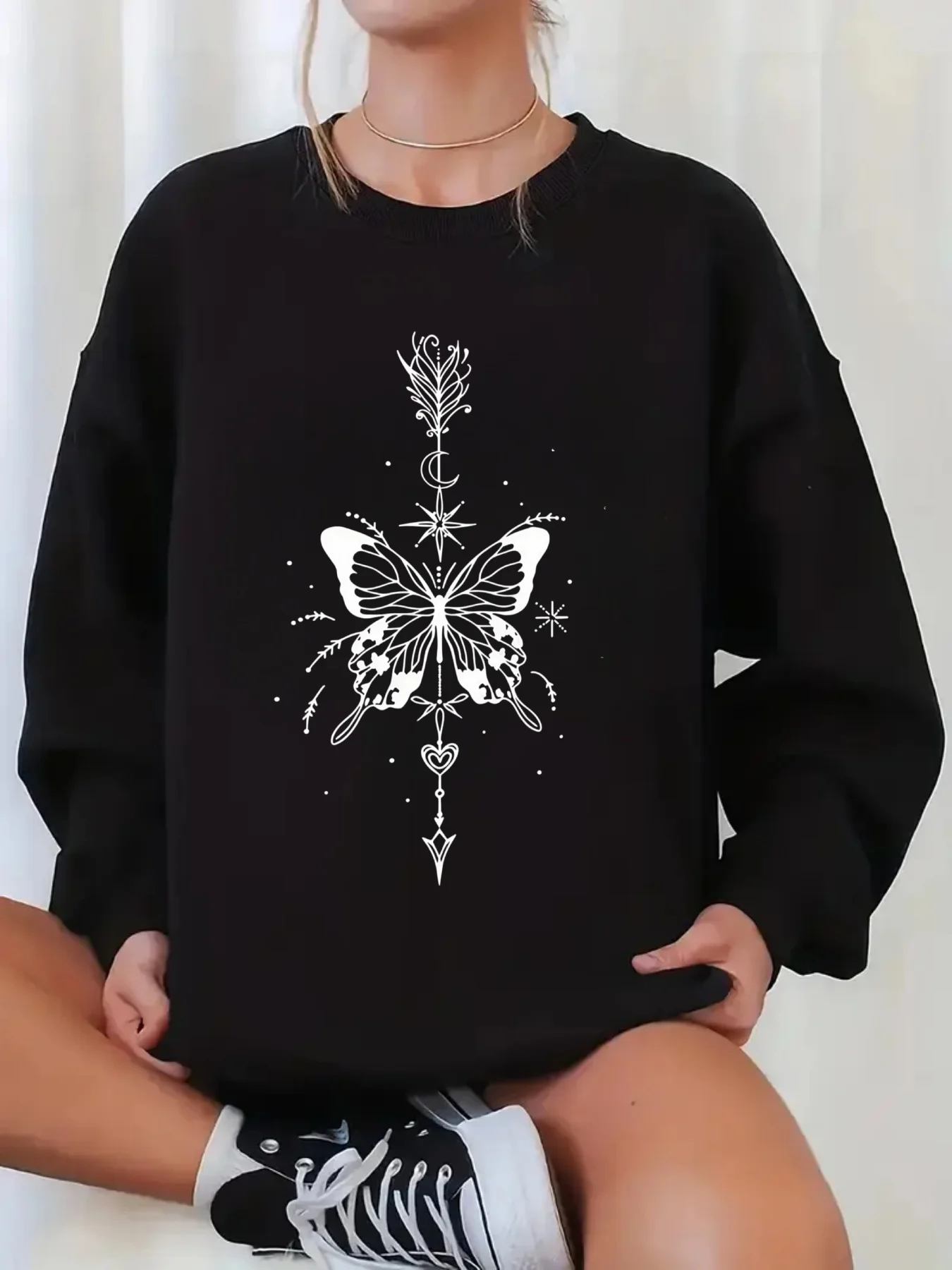 Weißes Alltagsoutfit mit Schneeflocken-Print, modisches Damen-Sweatshirt mit Rundhalsausschnitt