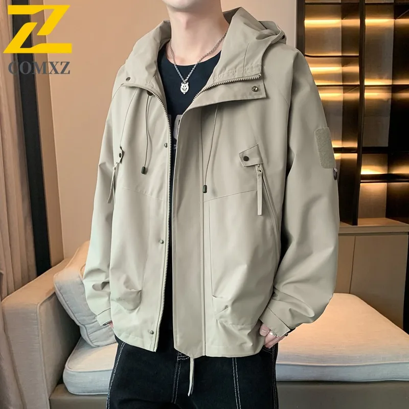 

COMXZ Leisure Jacket Men Leisure Hooded Outdoor Mountaineering Windproof Coat Trendy Solid Color Camping Autumn Clothing