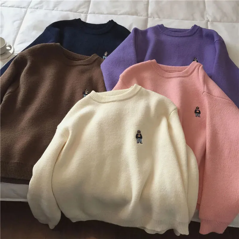 Suéter de punto de oso lindo para mujer, suéter coreano Kawaii, suelto, cálido, básico, de manga larga, Preppy sólido, Tops que combinan con todo,