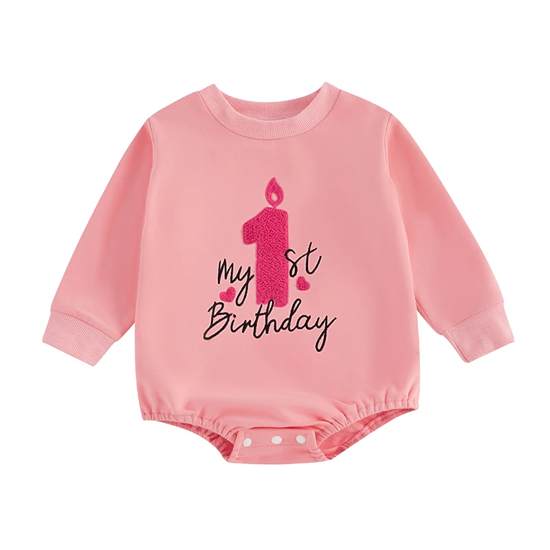 Baby Girls 1st Birthday Sweatshirt Rompers Cute Letter Candle Embroidered Long Sleeve Round Neck Jumpsuit for Fall Spring