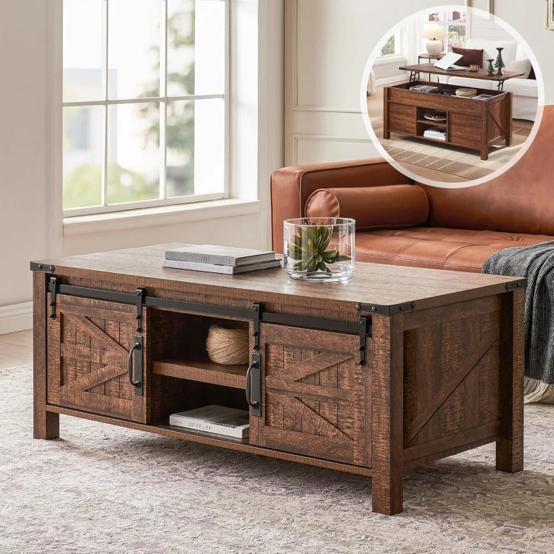 

Farmhouse-style table, 48 with sliding barn-door, hidden storage, lifting tabletop with adjustable shelf, reclaimed barnwood.
