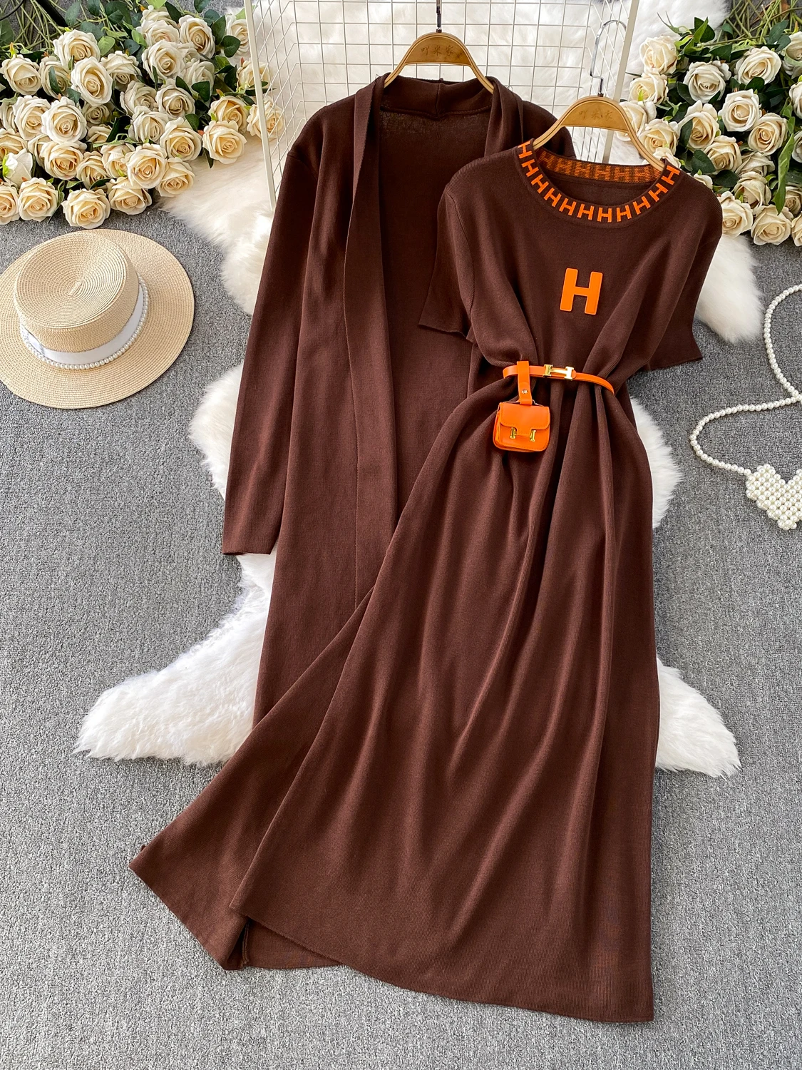 

Осенне-зимний облегающий вязаный комплект с поясной сумкой, открытый кардиган средней длины, верхняя одежда для модных женщин