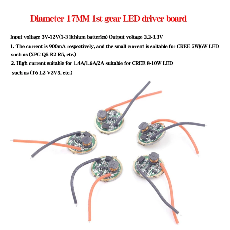 Flashlight drive LED driver 17mm XML/L2/T6 1st gear 3V-12V input, 3/5 gear input 3.7-4.2V, output 2.2-3.3V suitable for 5/6W 10W