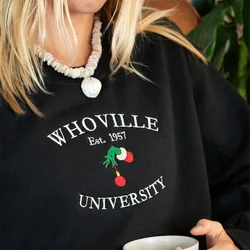 Whoville University Embroidered Sweatshirts Women Black Loose Thick Autumn Winter Warm Tops Christmas Pullover Gift For Her