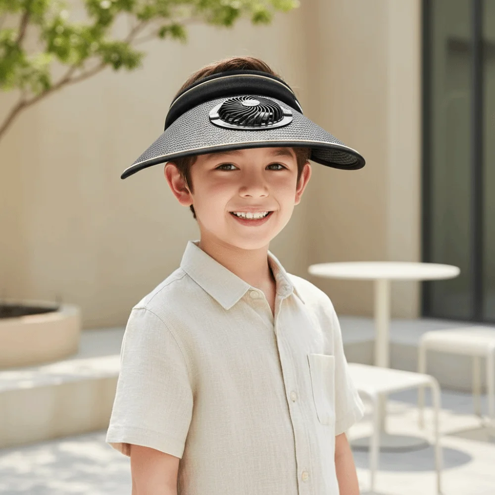 Portable Rechargeable Fan Hat Long-lasting Breathable Parent-Child Visor Cap Polyester Solid Color Wide Brim Sunscreen Cap