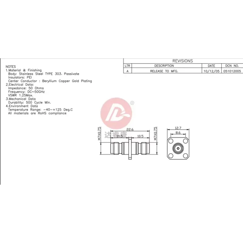 Stainless Steel 2.4MM-KFKG Adapter with Four-Hole Square Plate Flange DC-50GHZ Low Standing Wave Millimeter Wave Connection