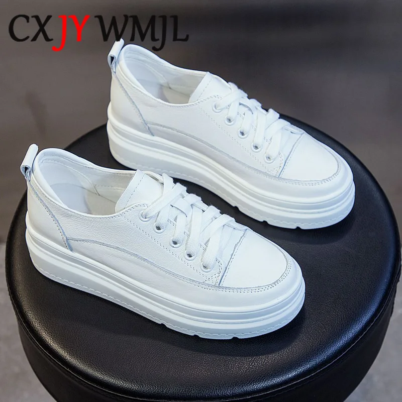 Genuine Leather White Casual Shoes Women Platform Sneaker Black Vulcanized Shoe Summer Comfortable Flats Woman Internal Increase