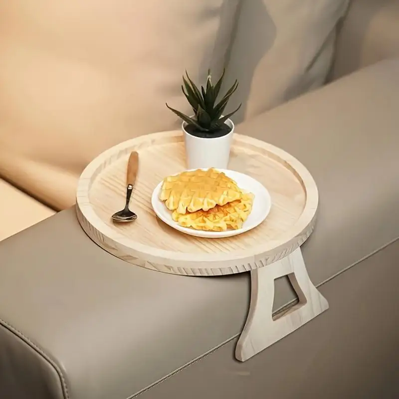 1Pc Wood Sofa Side Tables Round Portable Foldable Armrest Clip On Tray Waterproof Couch Rest