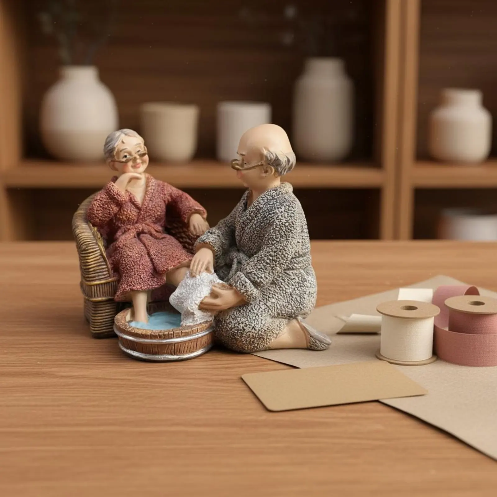 Loving Old Couple Sculpture Heartwarming Design Elderly Couple Figurine Husband Washing Wife's Feet Statue Hand-Painted