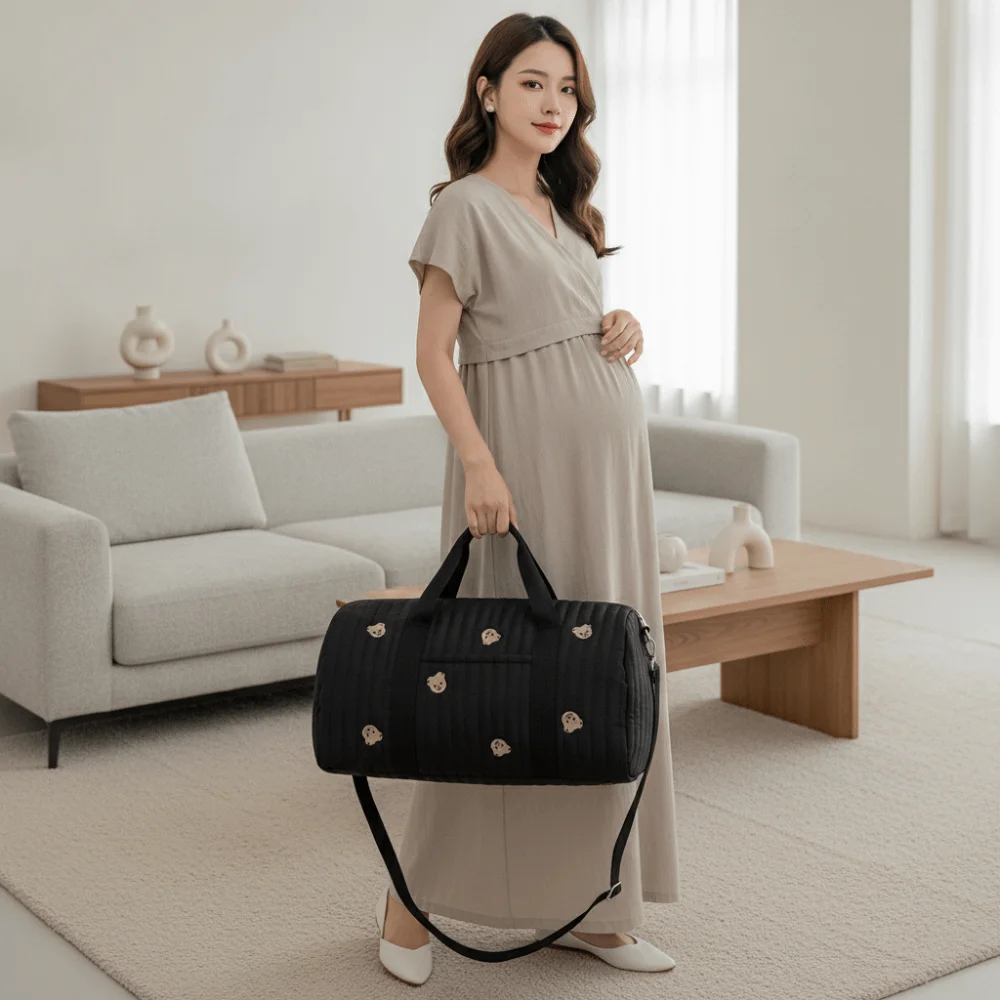 Embroidered Tote Lightweight Cylinder Handbag Quilted Soft Diaper Organizer Durable Washable Luggage Pouch Stroller