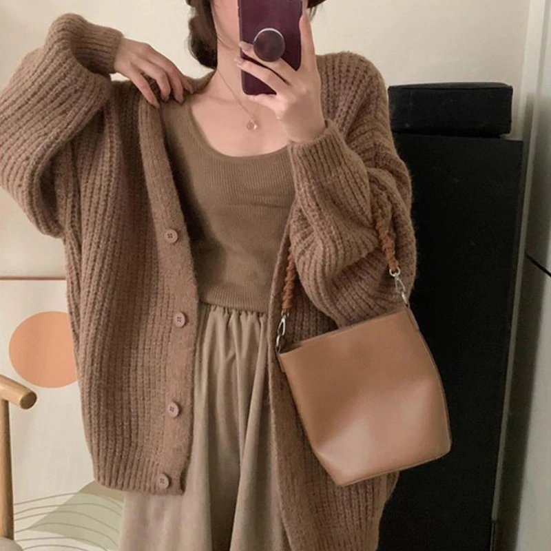 Cardigan Women Solid Designed Vintage Special Young Korean Style Basics Prevalent Warm Simple Daily All-match Ladies Temperament