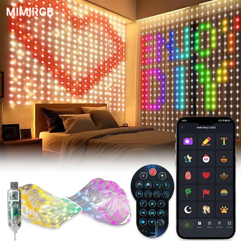 

LED Curtain Light String RGB String Lights APP Remote Control Music Sync USB Plug Curtain Light for Room Curtain Decorations