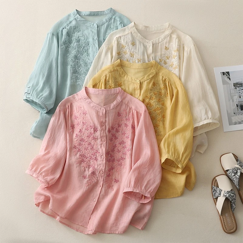 

Chinese Style Women's Blouse Embroidery Vintage Shirts Fashion Loose Summer Clothing Short Sleeve Cotton Linen Women Tops