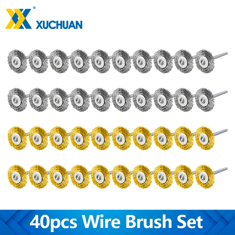 40pcs Wire Brush Wheel Brush Set 3mm Shank Brass Steel Wire Brush For Dremel Rotary Tool for Mini Drill Polishing