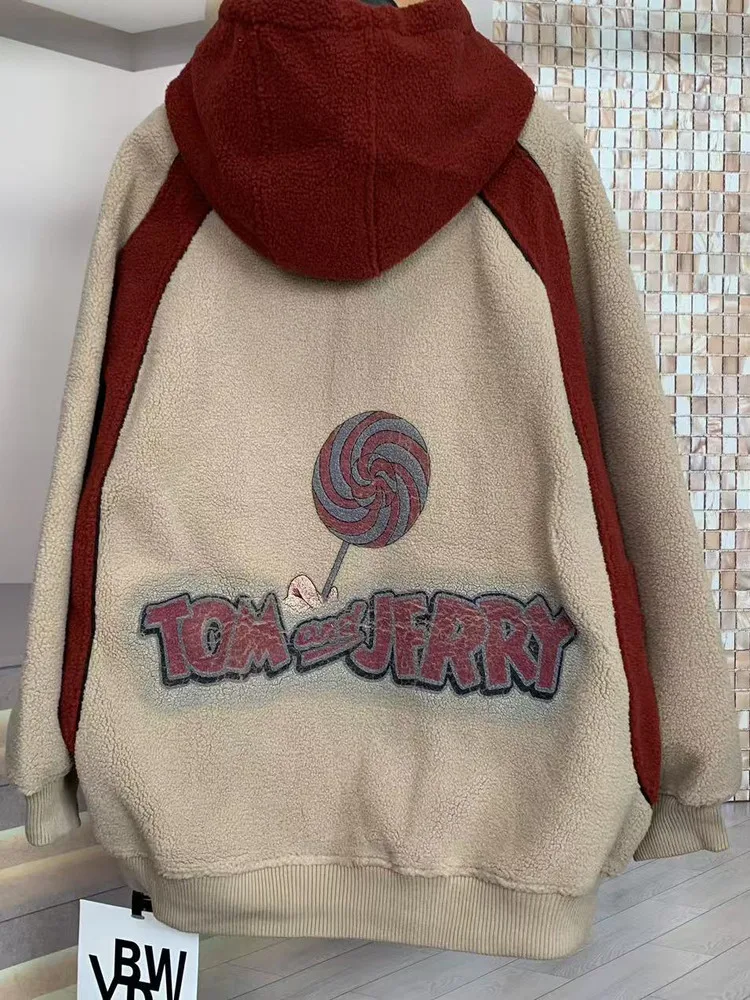 Trendy Brand Autumn Winter Fashion Cartoon Girl Furry Loose Oversized Long Sleeve Hooded Sweatshirt Jacket Top for Women