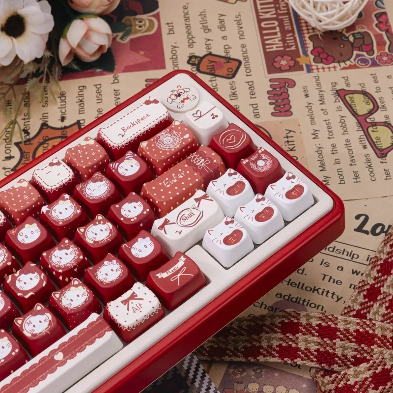 Red Velvet Cute Cat MOA Profile PBT 129Keys Keycaps Five Sides Heat Sublimation Kawaii Kitty Key Caps for MX Mechanical Keyboard