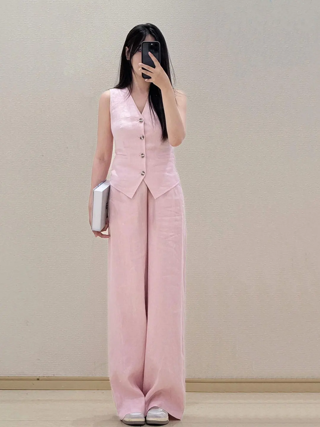 Fashionable Pink V-Neck Tank Top Wide Leg Pants Two-Piece Set Women's Summer New Elegant Ensemble Casual Style Polyester Fiber