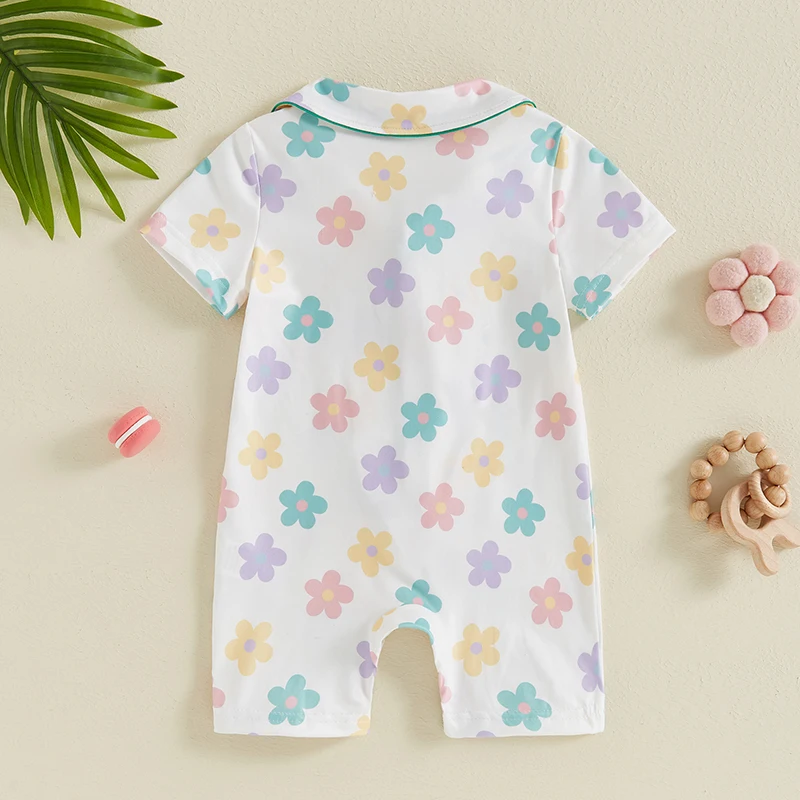 Baby Rompers Pajamas Tractor/Flower Print Turn-Down Collar Short Sleeve Summer Sleepers Jumpsuit for Infan Boys Girls 0-24Months