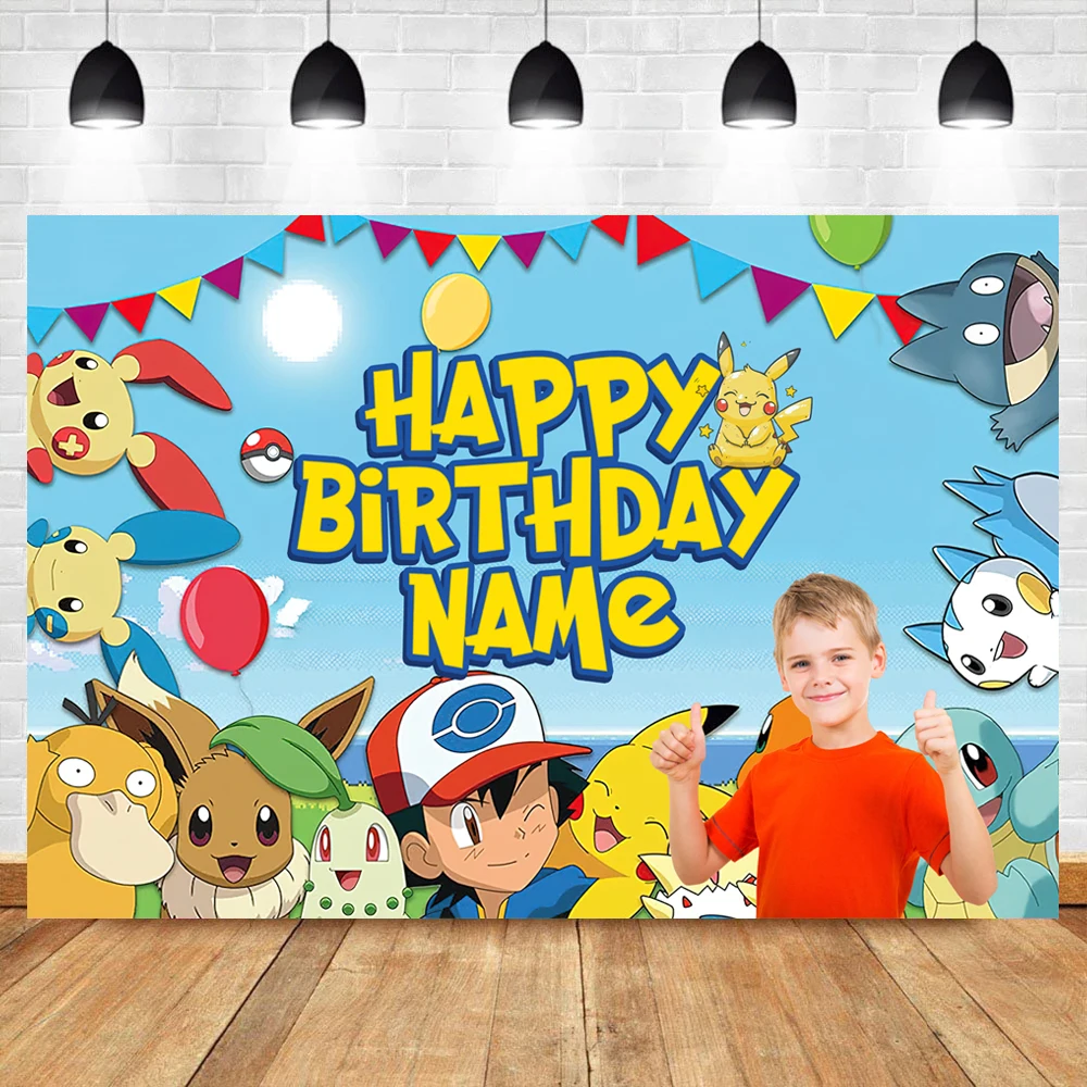 Custom Name Party Pokemon Backdrop Decoration Pikachu Theme Birthday Background for Kids Boy Baby Shower Anime  Banner Poster