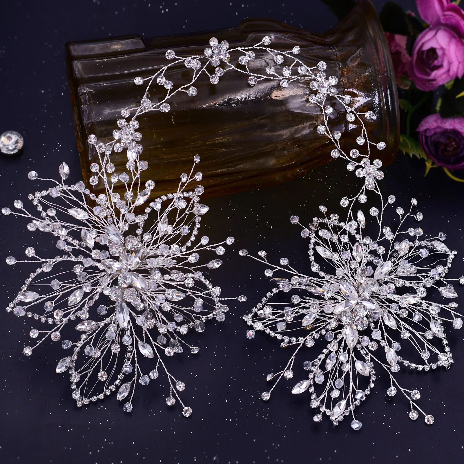 Rhinestones Flower Wedding Headband With Hair Combs Bling-Bling Crystal Hair Hoop For Brides Original Head Piece Bridal Jewelry