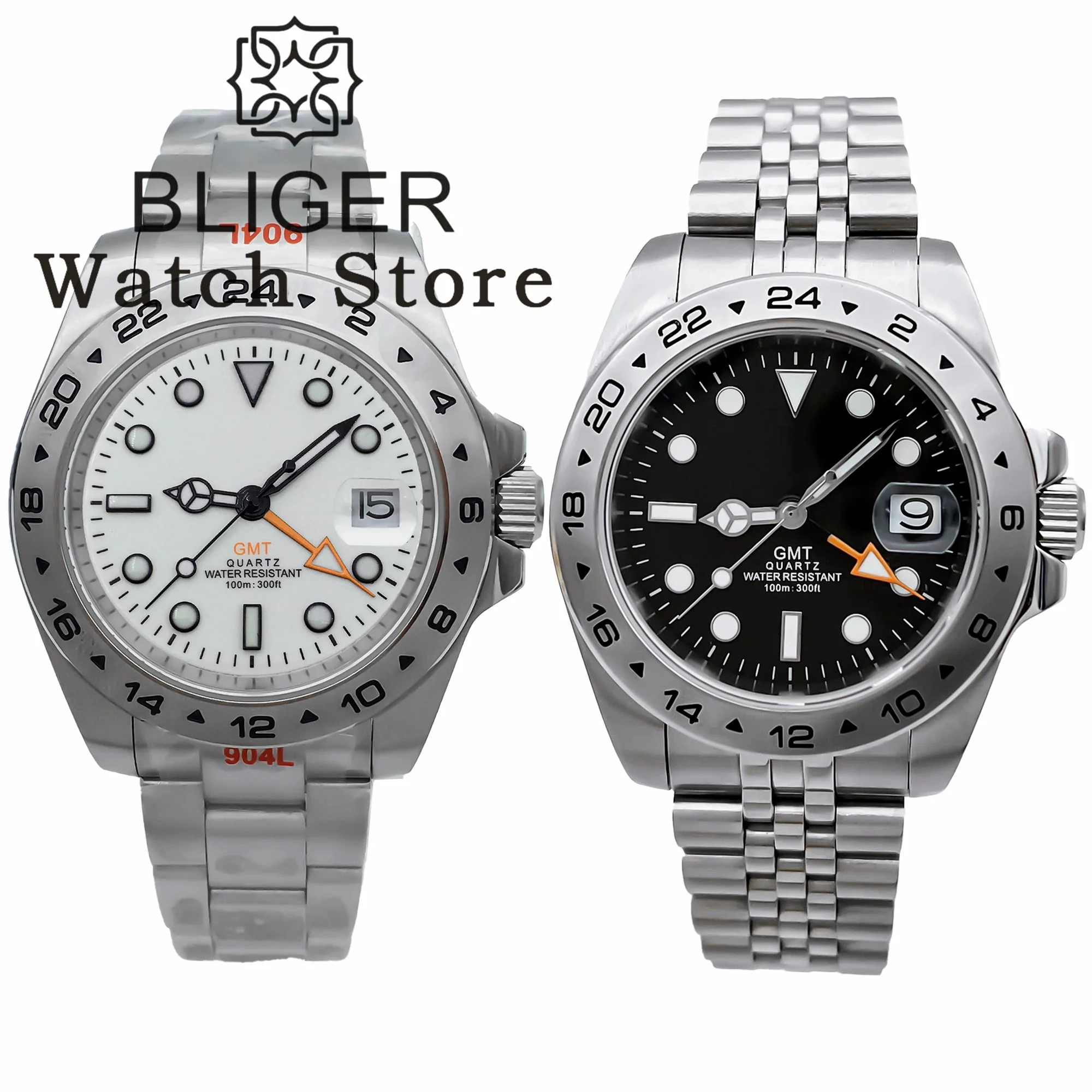 BLIGER 39mm Ronda 515 Quartz Watch For Men Black White Dial luminous 24 Hour GMT Bezel Stainless Case Sapphire glass GMT Hand