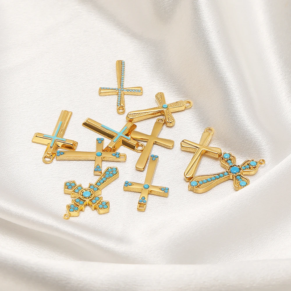 4 Stück Edelstahl-Kreuzanhänger mit Türkisstein, 18 Karat vergoldete Charms für die Herstellung von DIY-Schmuck, Halsketten und Ohrringen – Detail 4