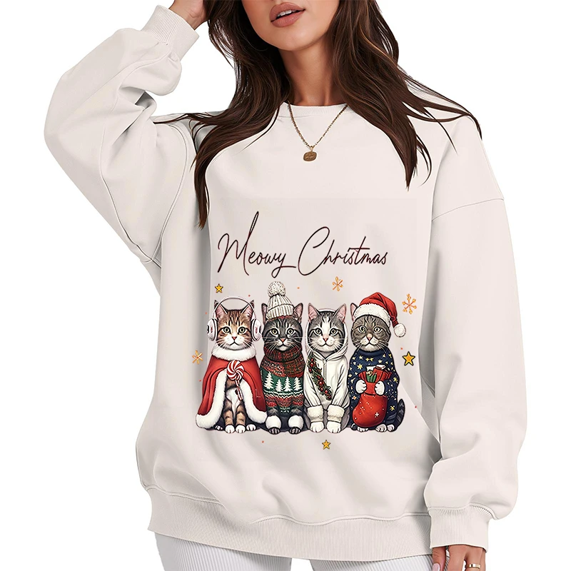

Женские толстовки с принтом Meowy Christmas Cat, одежда для девочек, забавные толстовки с Рождеством, топы, женские повседневные пуловеры с круглым вырезом