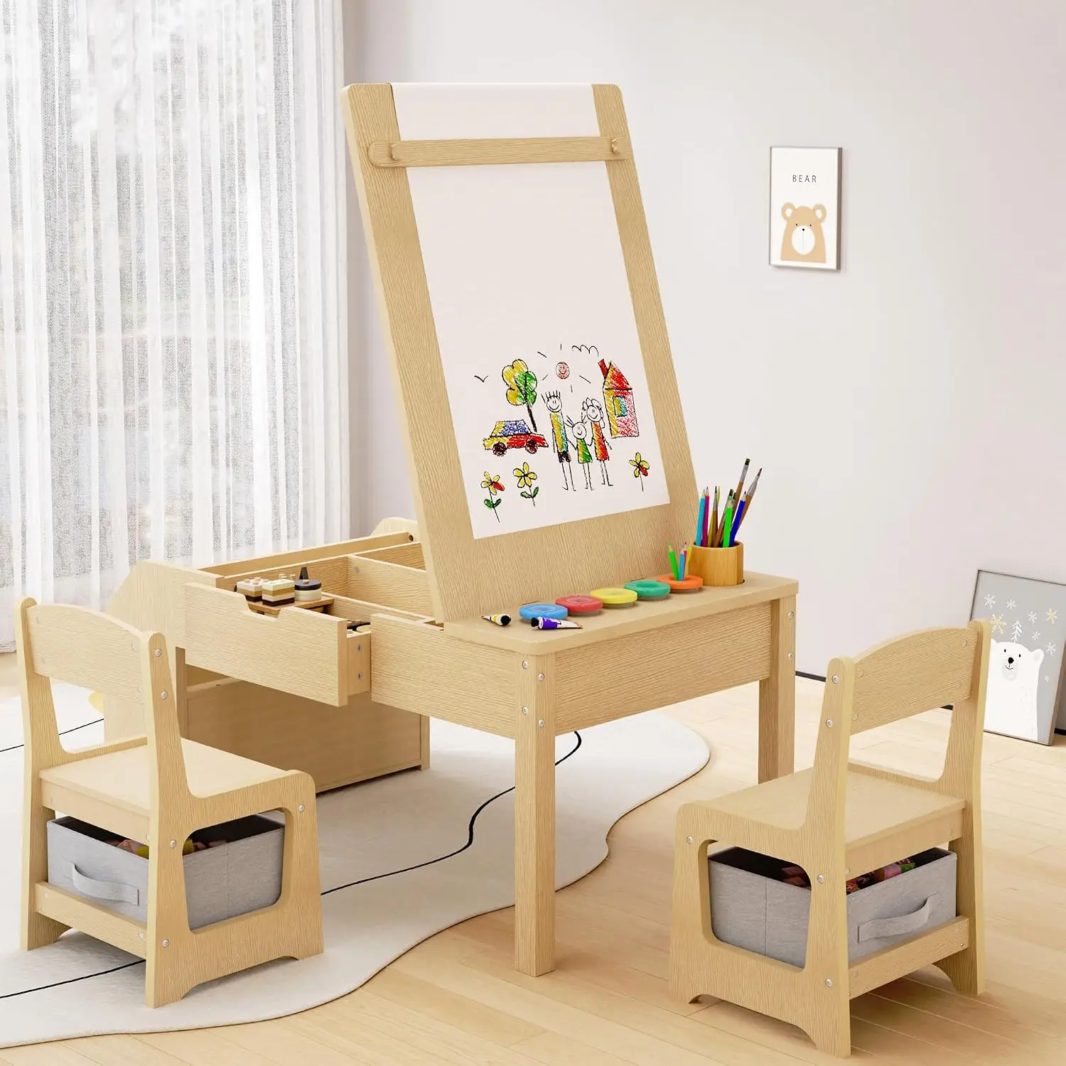 5-in-1 Kids Art Table and Chairs, Toddler Table and Chair Set, Craft Play Desk for Kids, Convertible Art Easel with Paper Roll