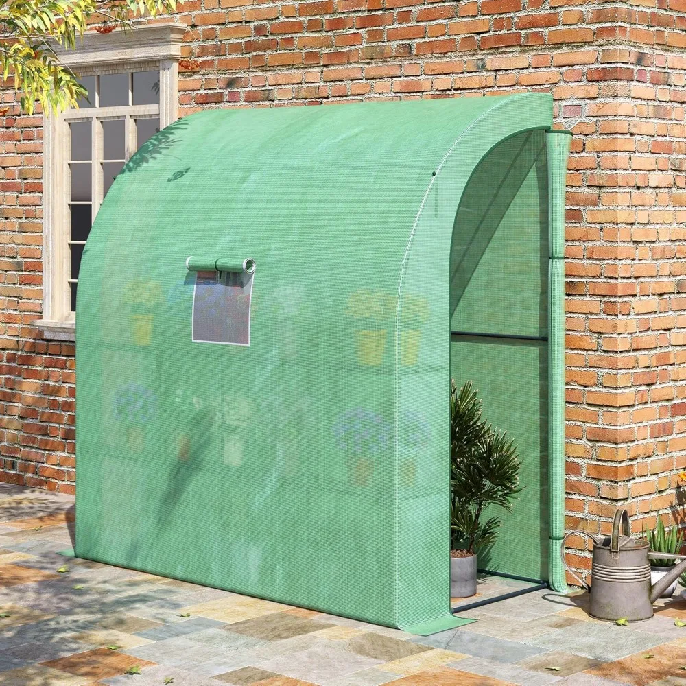 7' x 3' x 7' Lean to Greenhouse, Plant Nursery with 2 Roll-up Doors and Windows, PE Cover and 3 Wire Shelves, Greenhouses